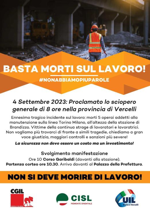 BASTA MORTI SUL LAVORO: LA RSU DI VERCELLI ADERISCE ALLO SCIOPERO GENERALE DI LUNEDI 4 SETTEMBRE 